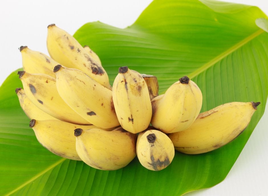 A bunch of bananas on a leaf.